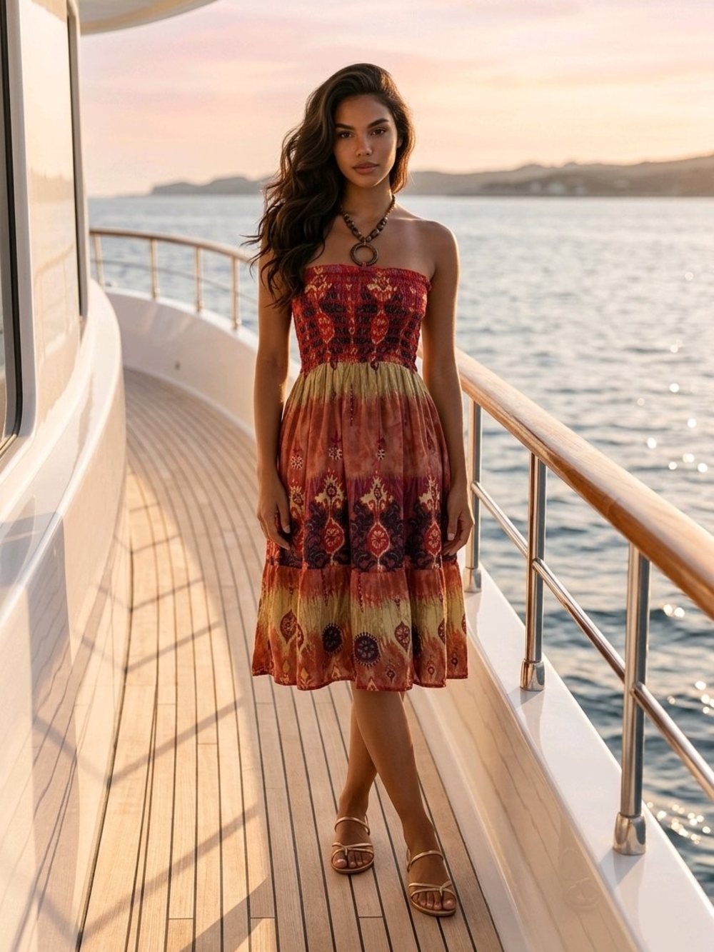 Blue Crush NWT Boho Smocked Midi Dress in Sunset Red And Ochre
